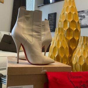 Christian Louboutin Cream Heeled Boots with Red Sole